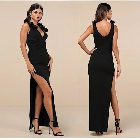 Lulus Impressive Impact Black 3D Floral Pleated Sleeveless Maxi Dress, XL,‎ NWT - Picture 3 of 17